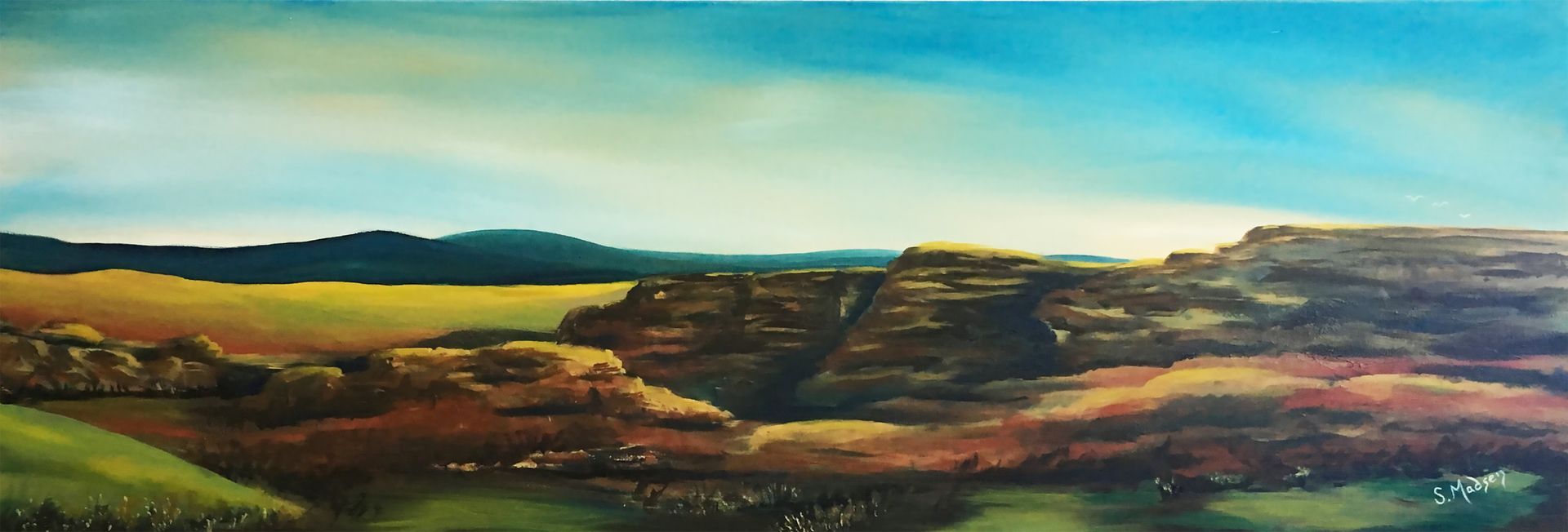 It is a painting of a landscape with mountains in the background.