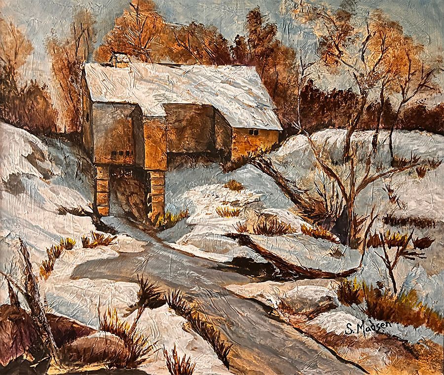 A painting of a house in the snow with trees in the background