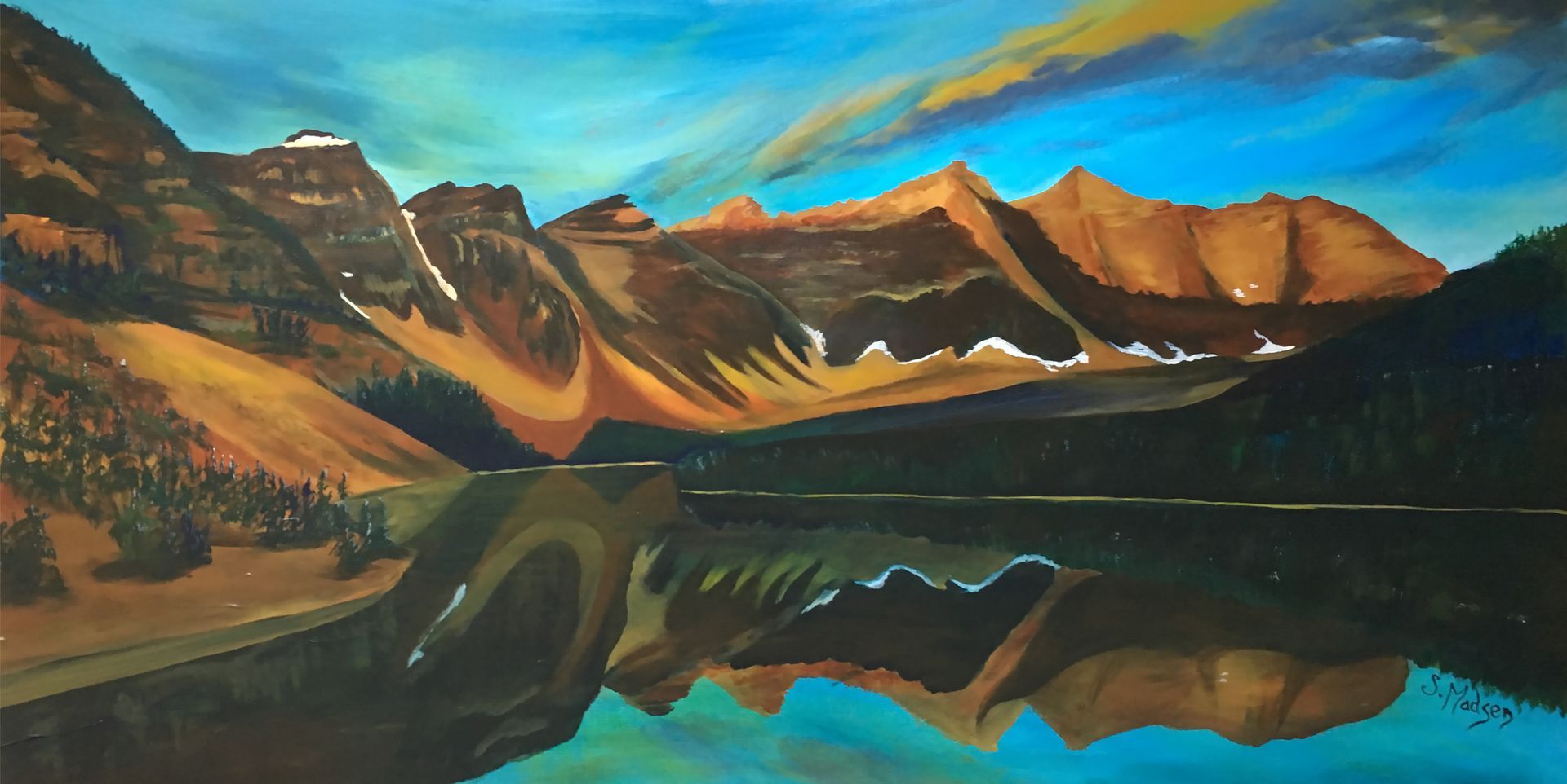 A painting of a lake with mountains in the background