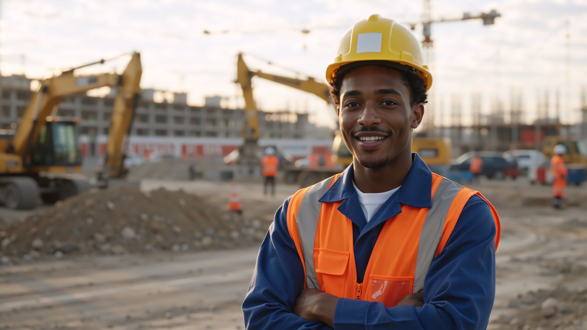 Portrait of a young male engineer in a hard hat and safety vest with arms crossed.