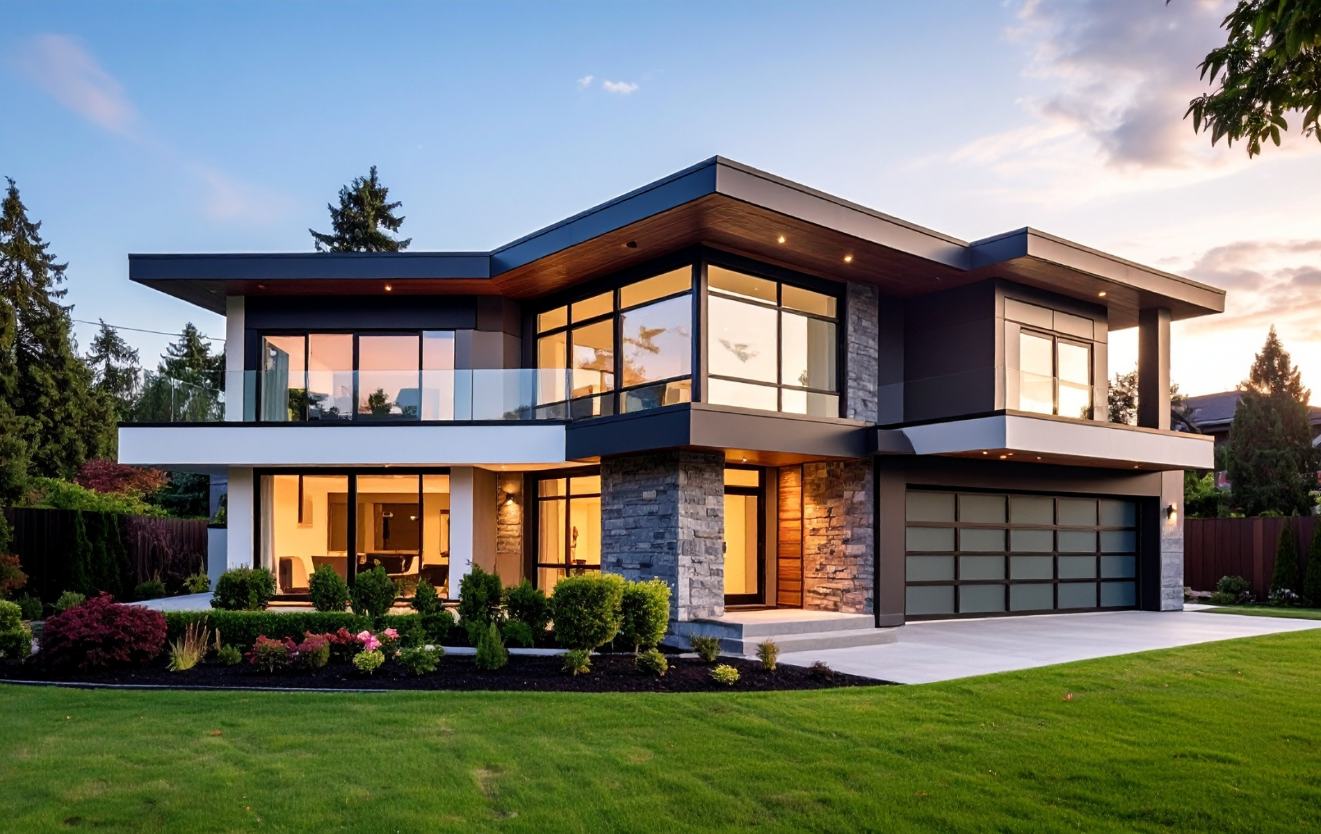 Modern two-story house with stone and dark trim, large windows, an attached garage, and a manicured lawn at sunset.