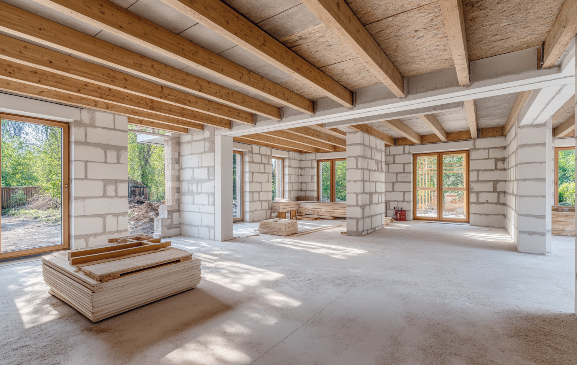 Interior of a house under construction with white block walls, exposed wooden ceiling beams, and large glass doors.