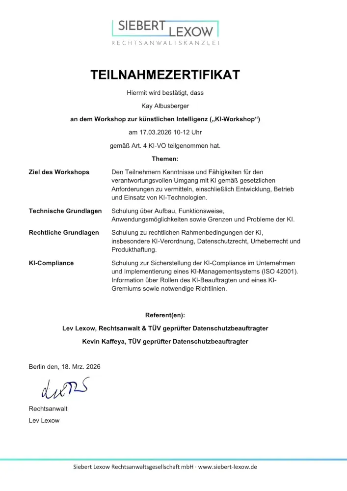 Teilnahmebescheinigung für einen KI-Workshop in der Anwaltskanzlei Siebert Lexow, datiert 18. März 2026.