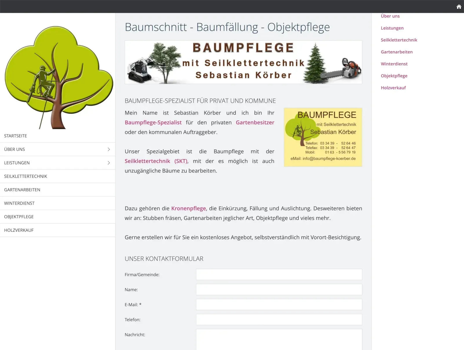 Website für Baumpflegedienste, einschließlich einer Baumabbildung und eines Kontaktformulars.