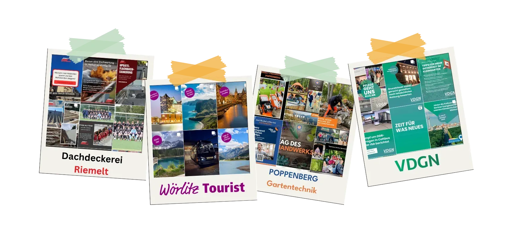 Vier Polaroidfotos, die Social Media Kanäle von Kunden zeigen, mit Klebeband zusammengehalten.