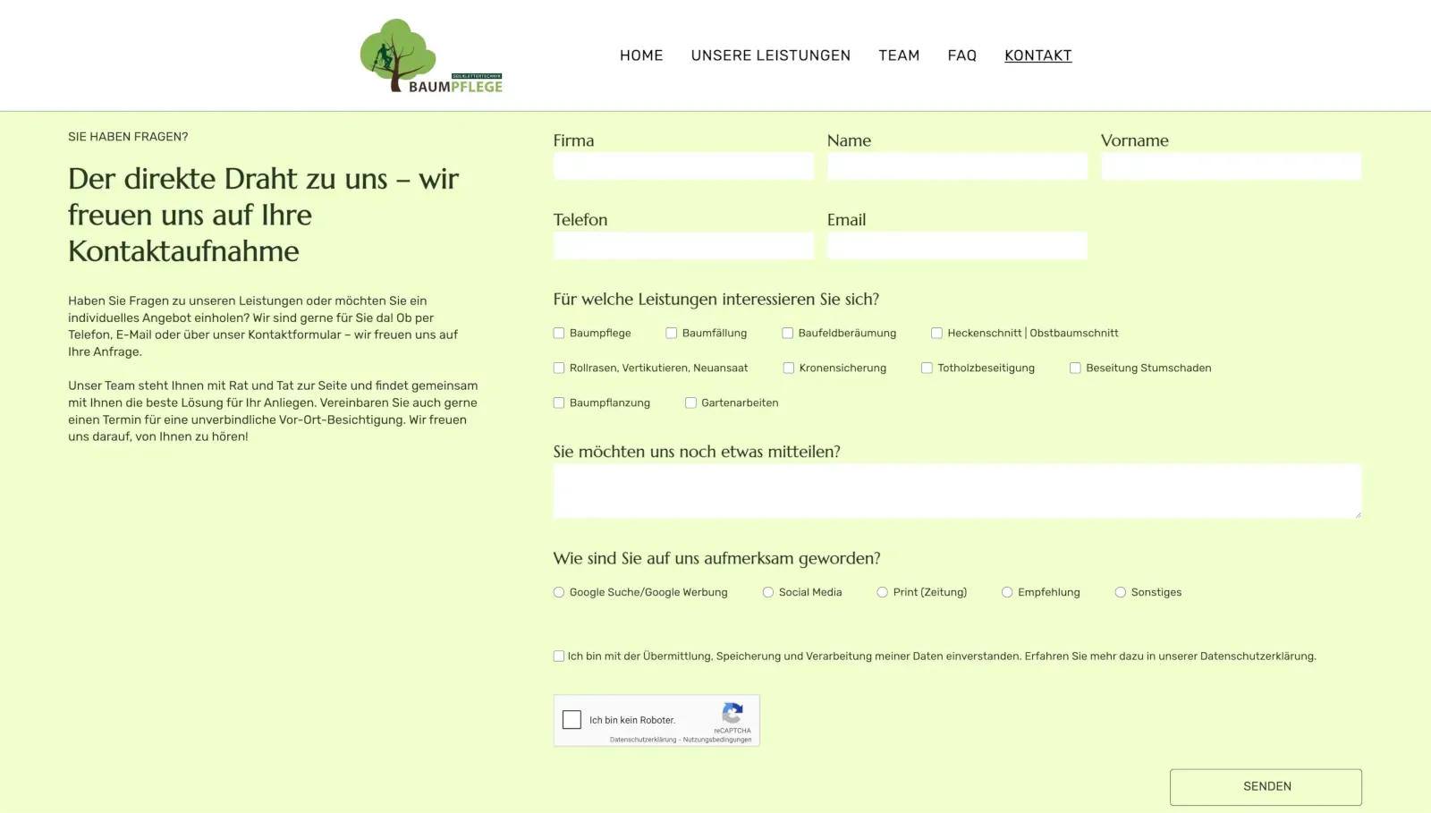 Kontaktformular auf einer hellgrünen Website mit Feldern für Name, E-Mail und Nachricht.