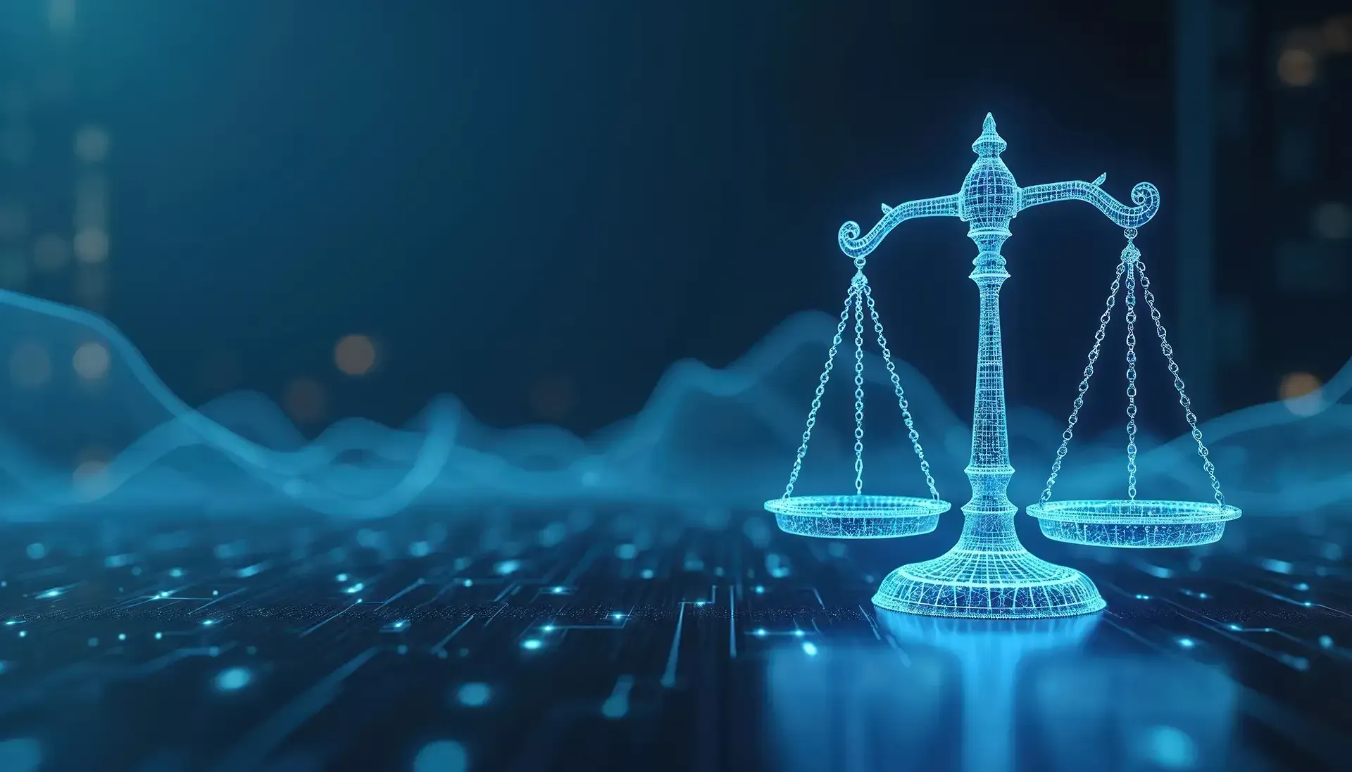 Digitales Symbol der Waage der Gerechtigkeit, blau leuchtend vor dem Hintergrund einer Leiterplatte.