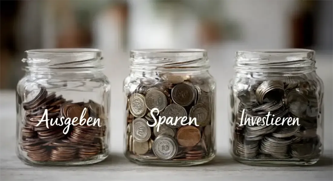 Drei Glasbehälter, beschriftet mit „Ausgeben“, „Sparen“ und „Investieren“, gefüllt mit Münzen.