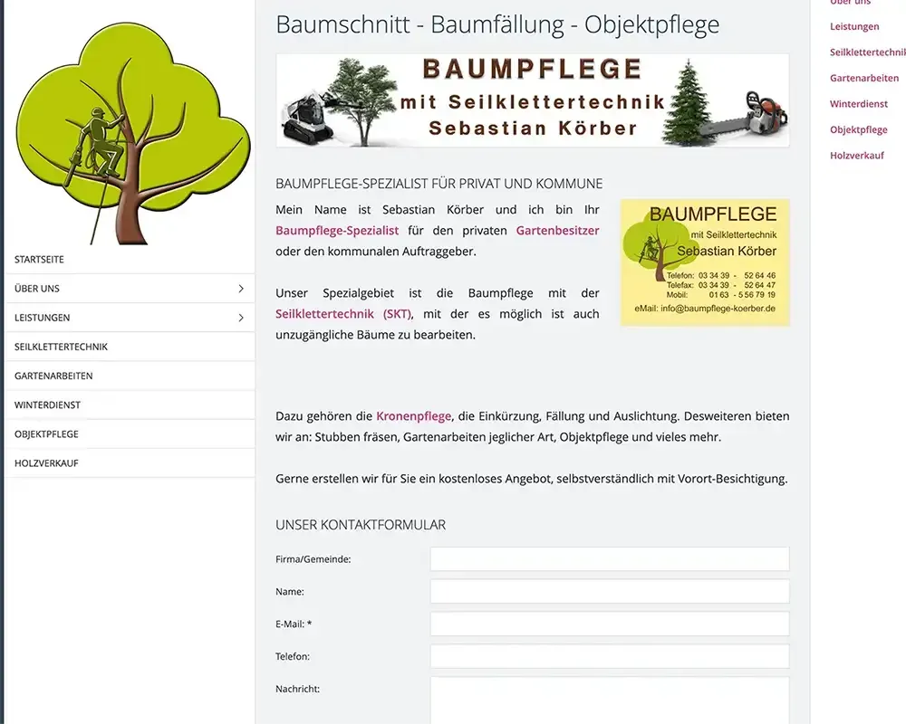 Website für Baumpflegedienste mit Logo, Kontaktformular und Serviceinformationen.