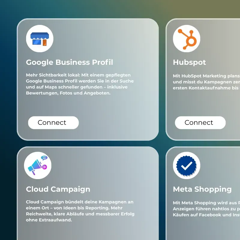 Vier Karten mit Logos und Texten, die für Google Business Profile, Hubspot, Cloud Campaign und Meta Shopping werben.