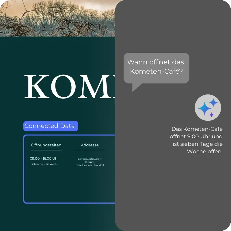 Auf dem dunkelgrauen Bildschirm eines Telefons ist ein Chat mit der Frage "Wann öffnet das Kometen-Café?" zu sehen. Die Antwort lautet, dass es täglich um 9:00 Uhr öffnet.