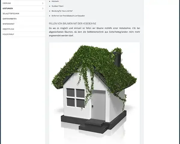 Screenshot einer Website, auf dem ein weißes Hausmodell mit grünem Moos auf dem Dach und Weinreben zu sehen sind.
