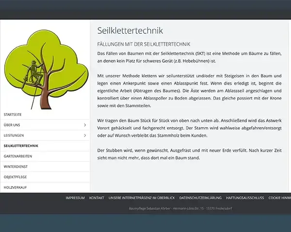 Webseite zum Thema Baumklettern mit der Abbildung eines Unternehmenslogos