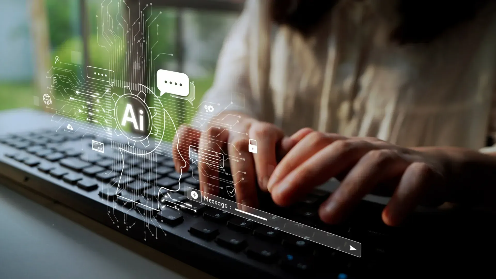 A woman is typing on a computer keyboard with a speech bubble coming out of it.