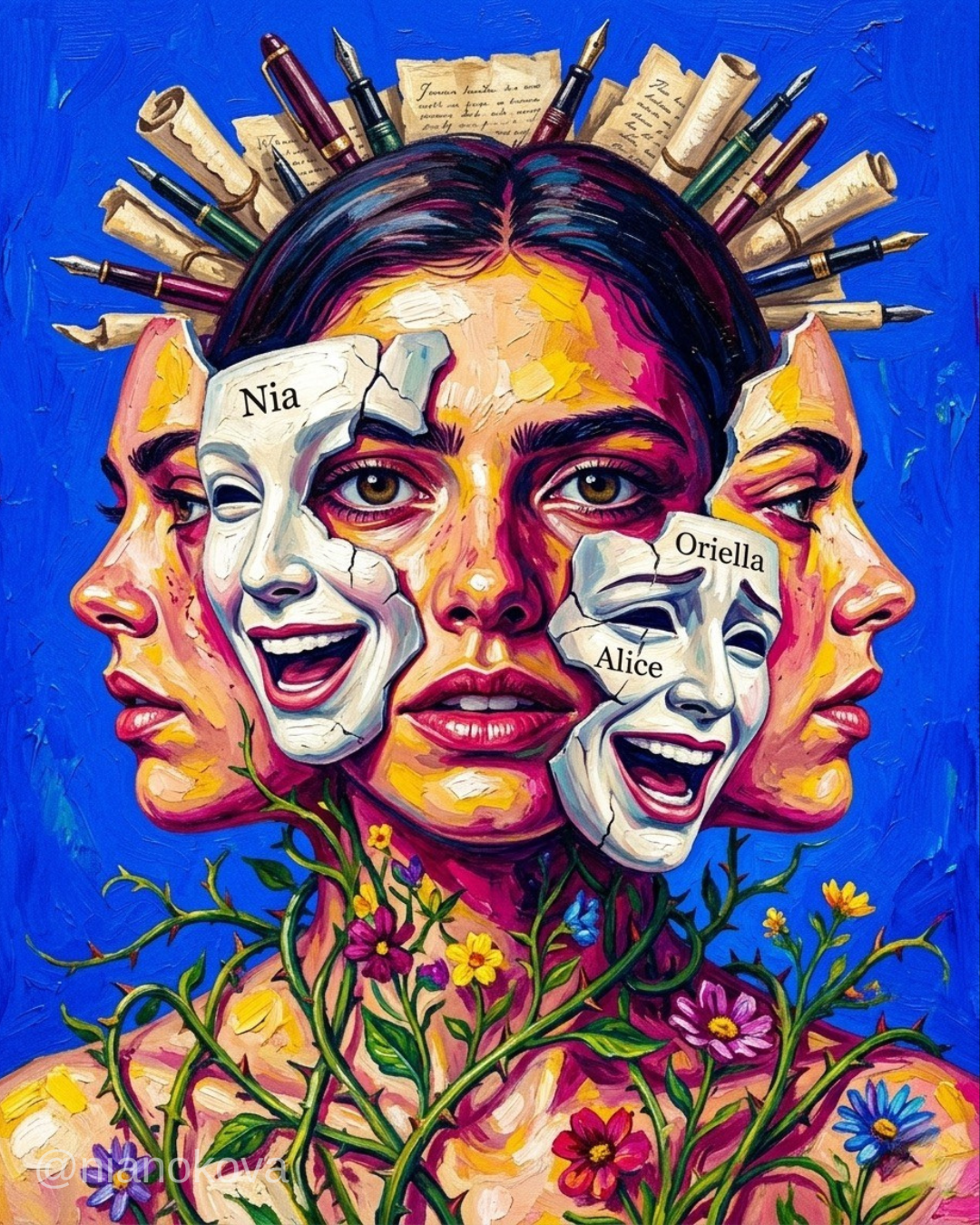 A vibrant, impasto-style surrealist portrait of a woman whose face is surrounded by cracked white masks labeled with names. She wears a crown of fountain pens and scrolls, while thorny vines and wildflowers entwine her neck against a bold blue background.
Persona and narratives of NOA, created by Nia Nokova. Machine-created art.