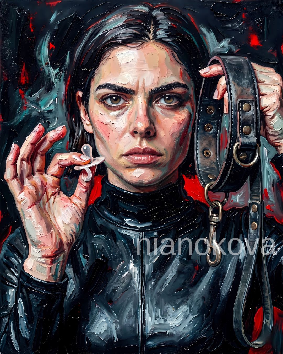 An oil painting-style portrait of the persona Noa from the narratives by Nia Nokova, featuring machine-created art. The portrait shows a woman with dark hair and striking eyes looking directly forward, rendered in thick, textured impasto brushstrokes. She wears a high-necked black leather or latex jacket. In her right hand, she delicately holds up a small, clear baby pacifier. In her left hand, she holds a heavy, dark leather collar attached to a matching leash with a metal clasp. The background is a dramatic, dark mix of textured black, grey-blue, and vivid red strokes.
