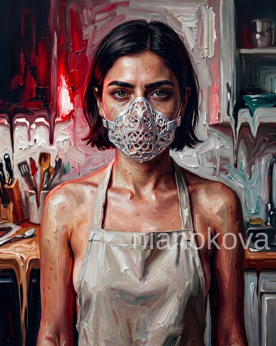 An oil painting-style portrait of the persona NOA from the narratives by Nia Nokova, featuring machine-created art. This striking image depicts a woman with short dark hair and freckles, wearing an intricate, silver filigree muzzle or mask over her face. She is dressed in a simple tan apron, standing in a kitchen where the background appears to be melting or dripping in shades of red and white. The artwork is characterized by heavy, textured impasto brushstrokes that create a sense of distortion and unease, highlighting the themes of silence and domestic confinement.