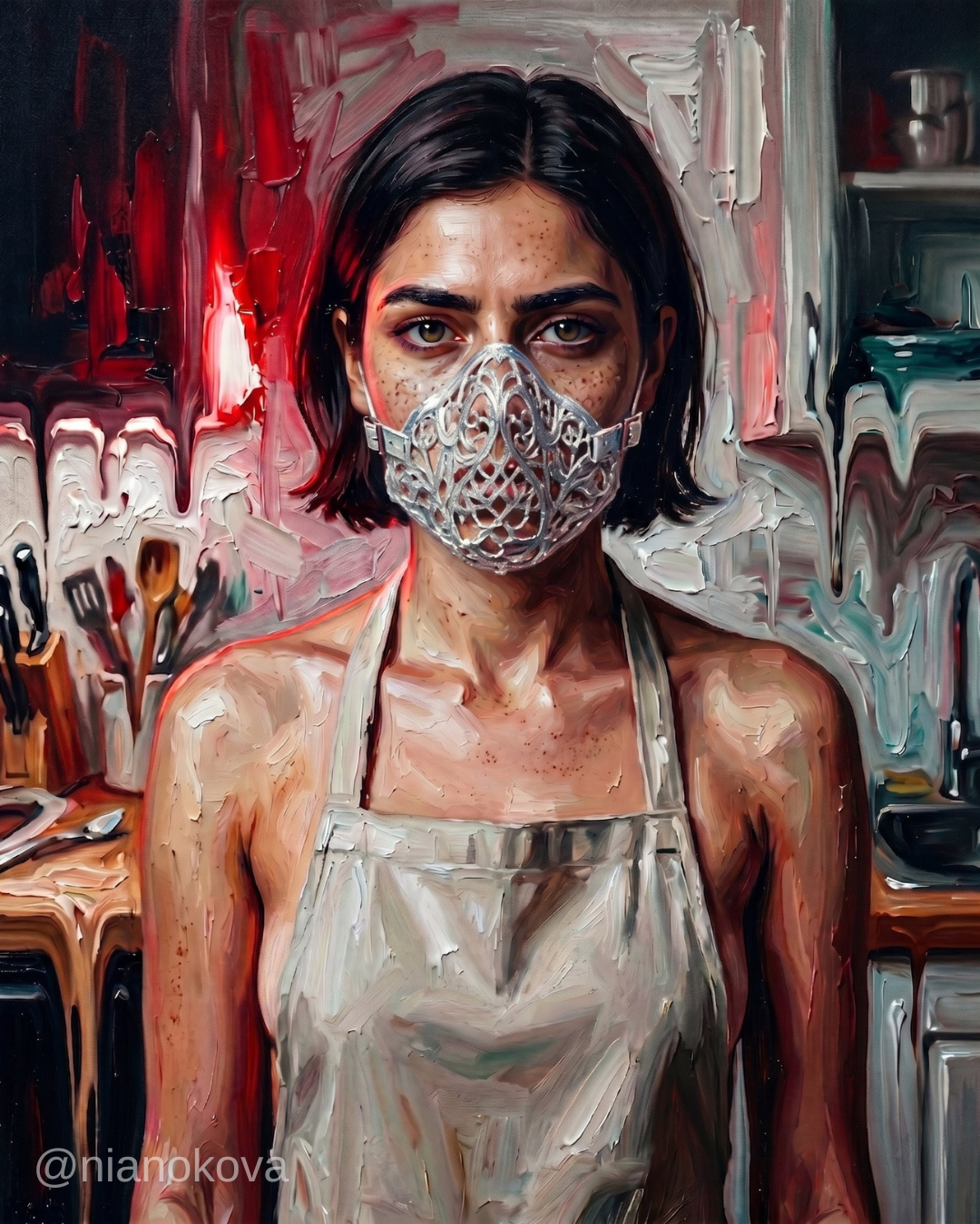 An oil painting-style portrait of the character NOA from the narratives by Nia Nokova, featuring machine-created art. This striking image depicts a woman with short dark hair and freckles, wearing an intricate, silver filigree muzzle or mask over her face. She is dressed in a simple tan apron, standing in a kitchen where the background appears to be melting or dripping in shades of red and white. The artwork is characterized by heavy, textured impasto brushstrokes that create a sense of distortion and unease, highlighting the themes of silence and domestic confinement.