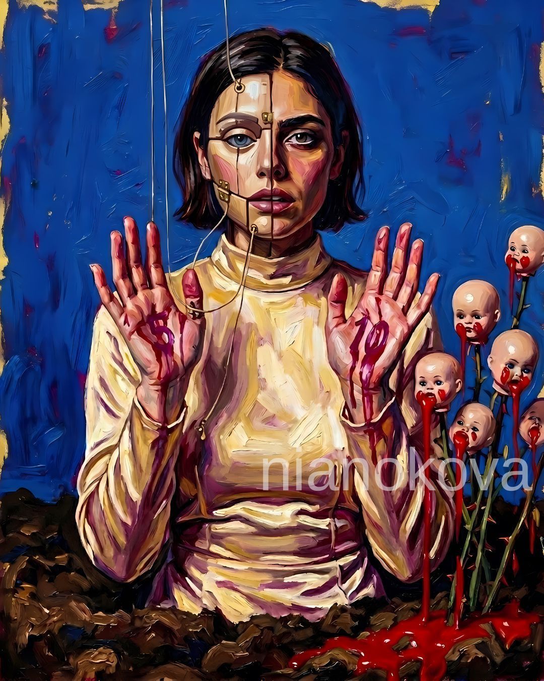 An oil painting-style portrait of the character NOA from the narratives by Nia Nokova, featuring machine-created art. This surreal image shows NOA with a mechanical, split face held together by wires and strings, suggesting she is a puppet or an android. She wears a yellow turtleneck and holds up her hands, which are marked with red paint or blood forming the numbers 