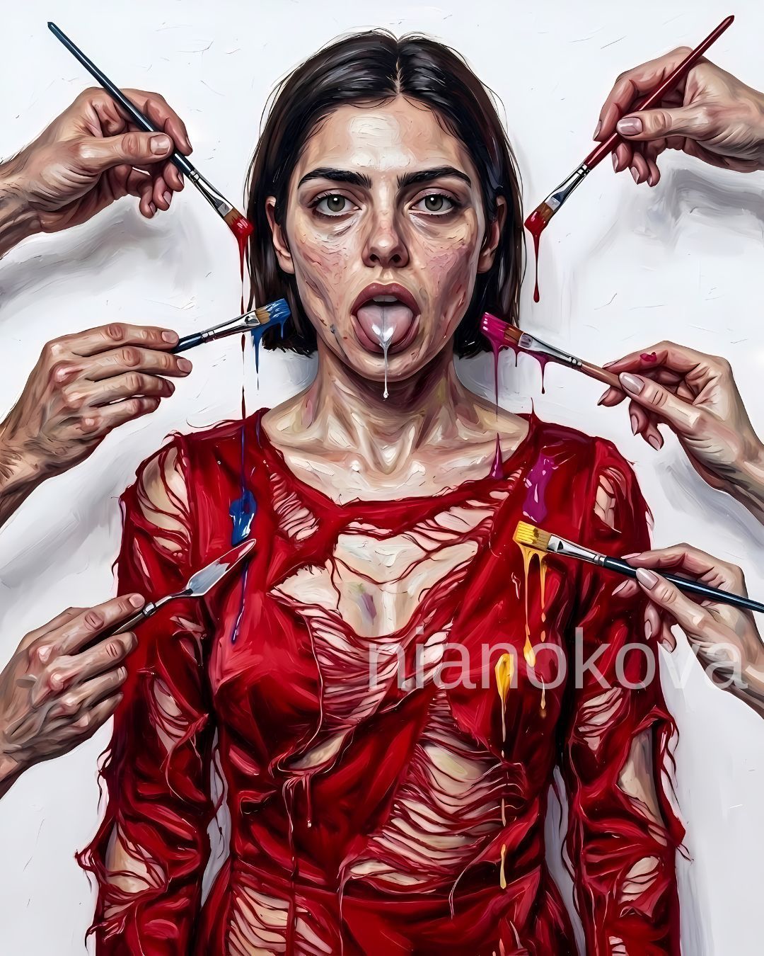 An oil painting-style portrait of the persona NOA from the narratives of Nia Nokova, featuring machine-created art. This visceral and symbolic scene depicts a woman with short dark hair and a weary, vacant expression. Her tongue is extended, coated in a , dripping white liquid. Numerous hands emerge from the sides of the frame, pointing paintbrushes and a palette knife toward her; the brushes are loaded with vibrant red, blue, pink, and yellow paint. She wears a tattered, shredded red garment. The artwork is characterized by heavy, textured impasto brushstrokes that create a high-contrast and intense atmosphere.