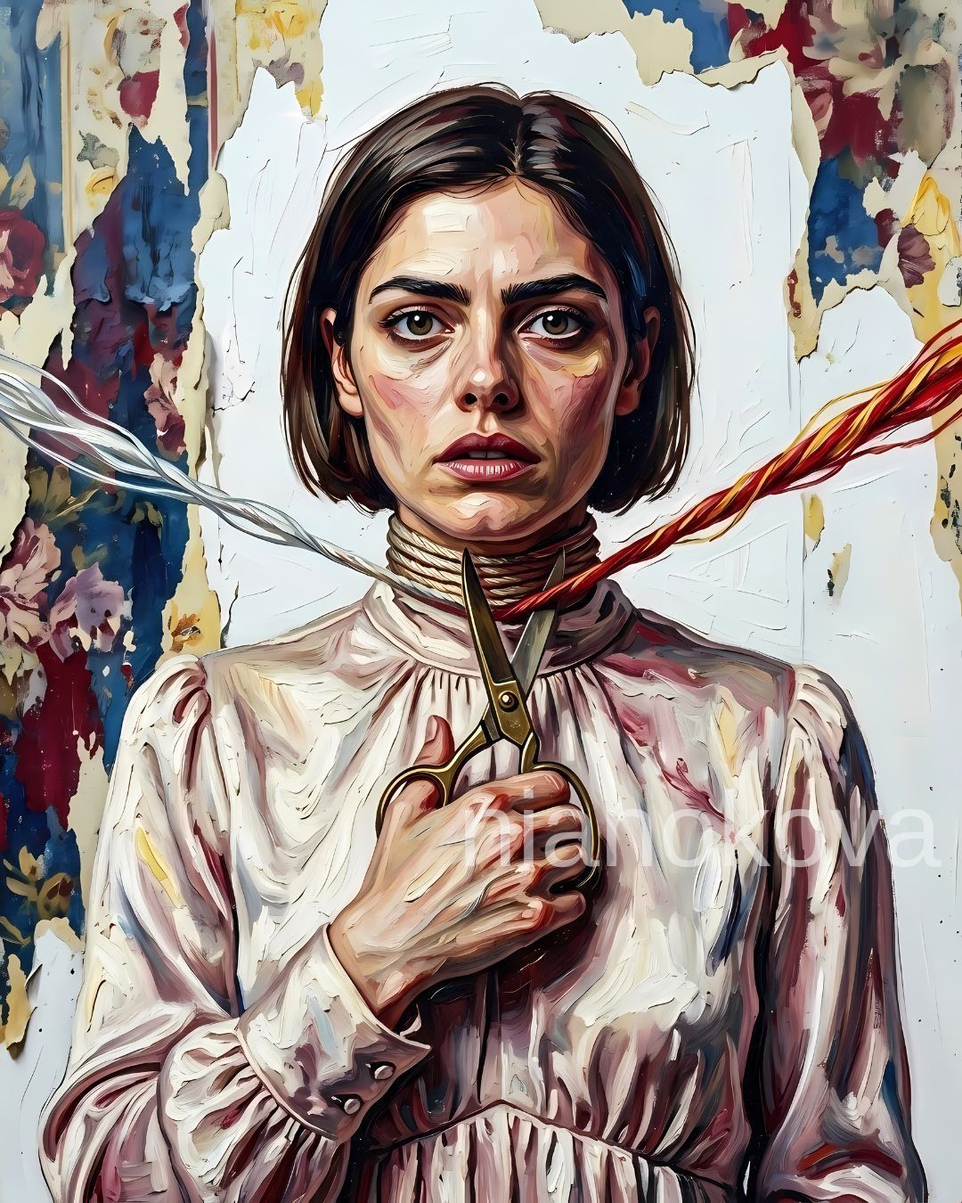 An oil painting-style portrait of the persona NOA from the narratives of Nia Nokova, featuring machine-created art. The image depicts a woman with short dark hair and a weary, haunted expression, wearing a pale pink, high-necked blouse. A thick rope is coiled tightly around her neck, and she holds a pair of large metal scissors, appearing to cut a red and yellow braided cord that extends from her throat. The piece is defined by thick, impasto brushstrokes against a background of white plaster and peeling, floral wallpaper, creating a sense of domestic distress and internal struggle.