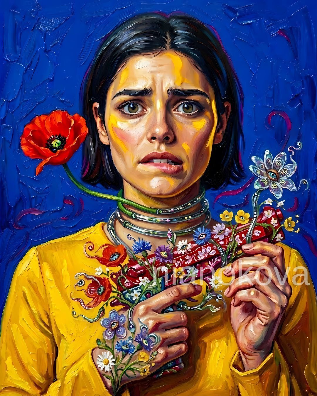 An oil painting-style portrait of the persona  NOA from the narratives by Nia Nokova, featuring machine-created art. This complex scene shows a woman with short dark hair and a distressed expression, biting her lip. She holds a red handgun that is overgrown with colorful, whimsical flowers and surreal eyes. A long green stem with a bright red poppy flower is coiled around her neck like a choker. The artwork is characterized by bold, textured impasto brushstrokes and a vibrant, high-contrast color palette of bright yellow and deep blue.