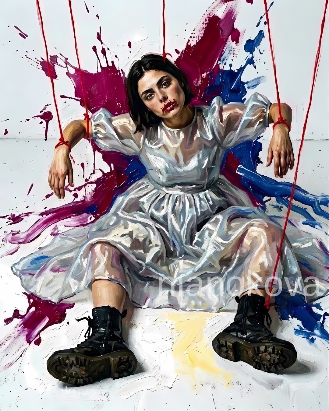 An oil painting-style image of the persona NOA from the narratives by Nia Nokova, featuring machine-created art. This striking piece depicts a woman with short dark hair and a weary expression, slumped on the ground like a marionette. Her mouth is stitched shut with red thread, and her wrists and ankles are tied to thin red strings extending upward. She wears a translucent, shimmering white dress and heavy black combat boots. The artwork is characterized by bold, textured impasto brushstrokes, with explosive splatters of magenta and blue paint on the white background behind her.