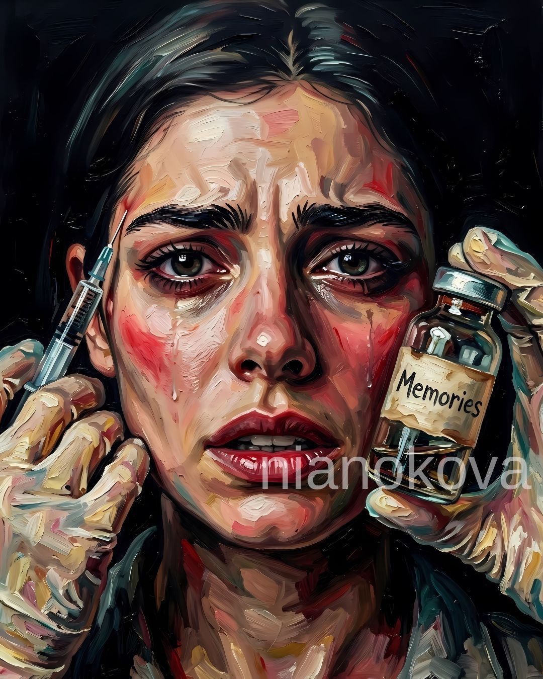 An oil painting-style close-up of the persona NOA from the narratives by Nia Nokova, featuring machine-created art. The image depicts a woman with tear-filled eyes and a look of deep distress. Gloved hands frame her face, one holding a medical syringe near her temple and the other holding a small glass vial labeled.