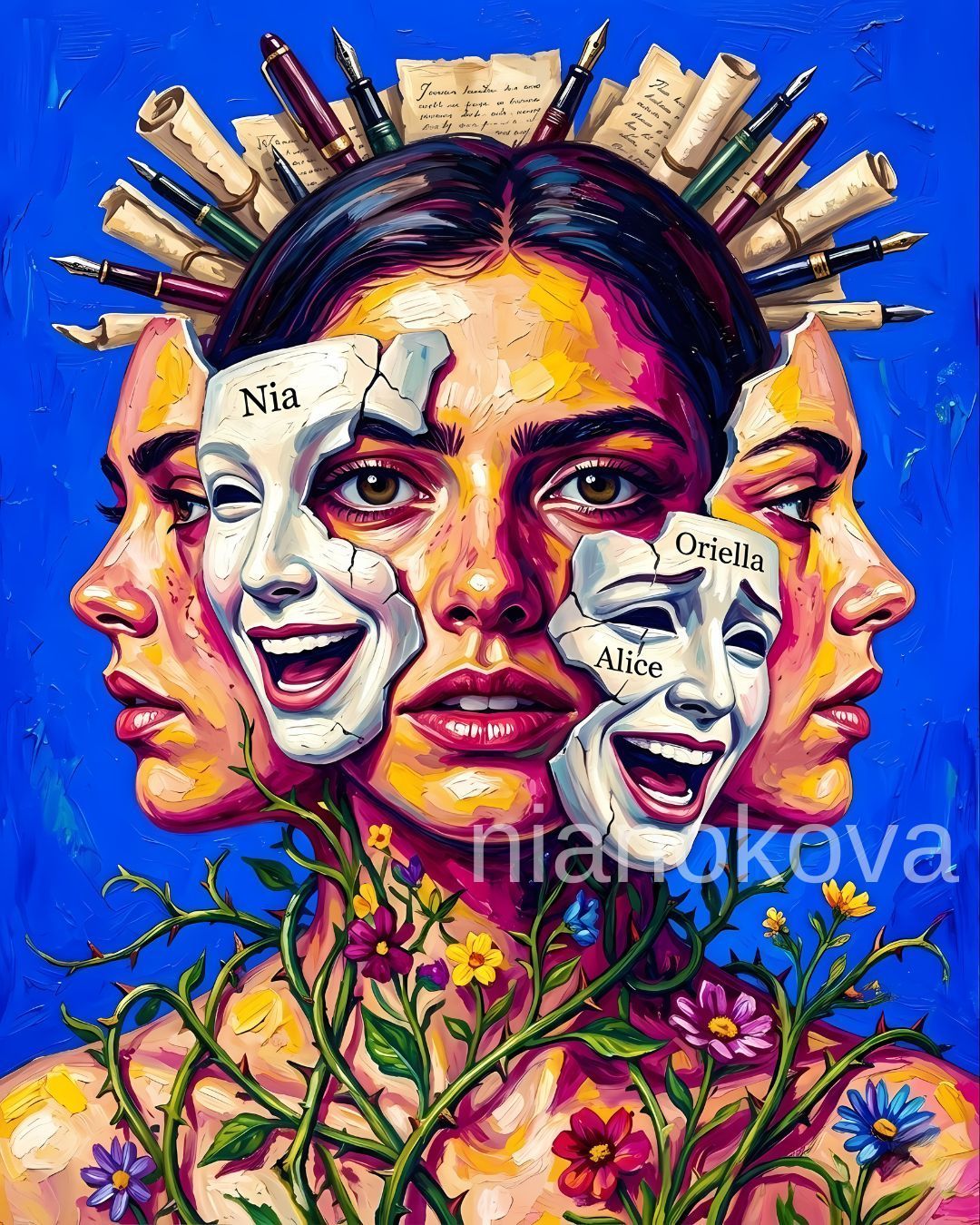 A vibrant, impasto-style surrealist portrait of a woman whose face is surrounded by cracked white masks labeled with names. She wears a crown of fountain pens and scrolls, while thorny vines and wildflowers entwine her neck against a bold blue background.
Persona and narratives of NOA, created by Nia Nokova. Machine-created art.