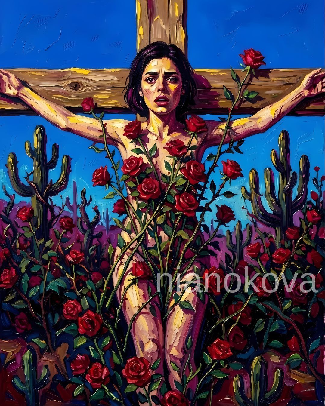 A vibrant expressionistic painting of a woman with a pained expression, her arms outstretched against a wooden cross. She is surrounded by a dense thicket of red roses and thorny vines that grow upward over her body. The background features a desert landscape with cacti under a bright blue sky, all rendered with thick, visible brushstrokes. Persona and narratives of NOA, created by Nia Nokova. Machine-created art.
