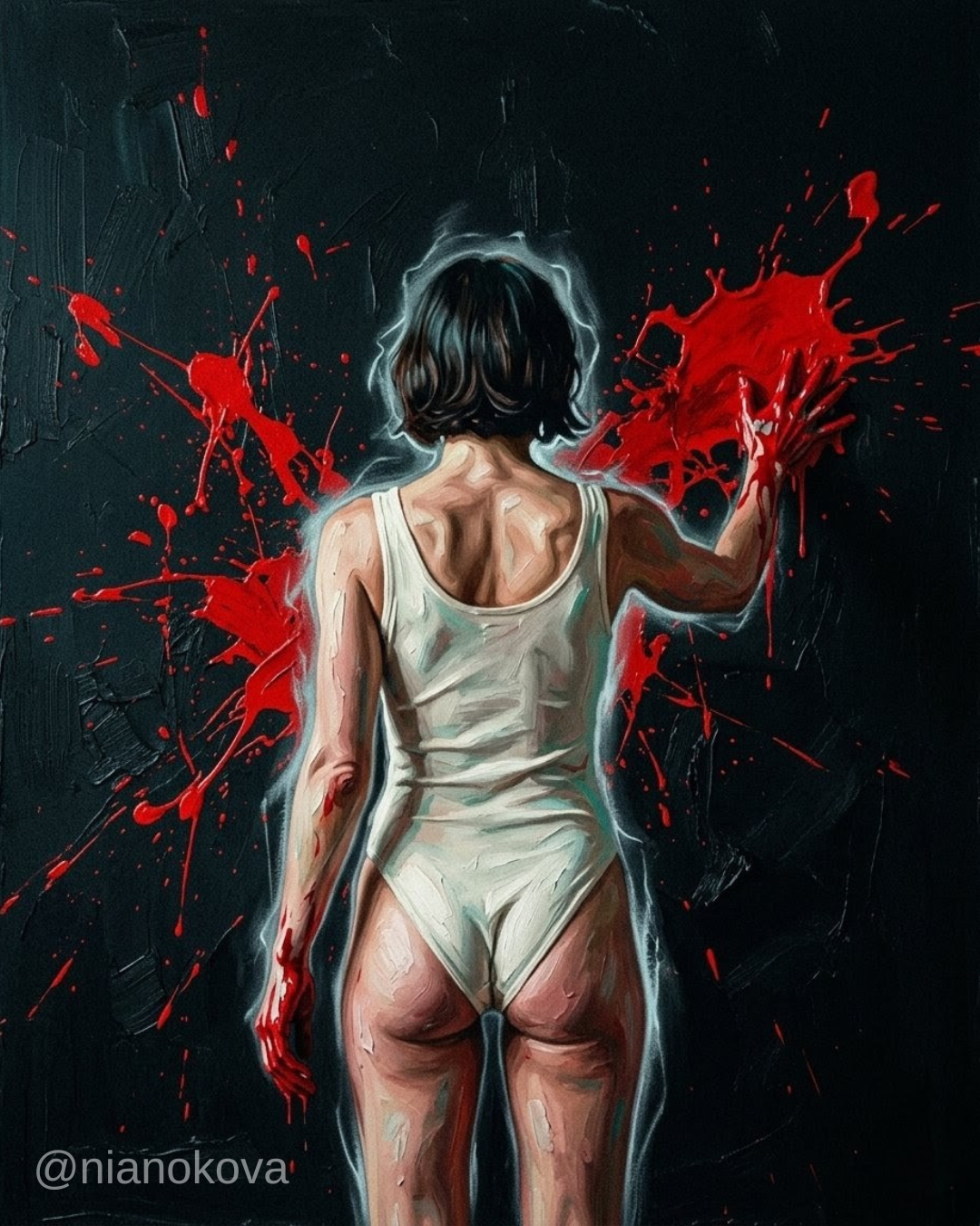 A painting from a rear view of a woman with short dark hair, wearing a white sleeveless bodysuit, standing against a black background. Her right hand is raised against the wall, covered in bright red paint that splatters around her hand and across the dark surface. Her left arm hangs by her side, also stained with the same red paint. The artwork is characterized by thick, visible brushstrokes and a glowing white outline around her figure, creating a high-contrast, dramatic effect.
Persona and narratives of NOA, created by Nia Nokova. Machine-created art.