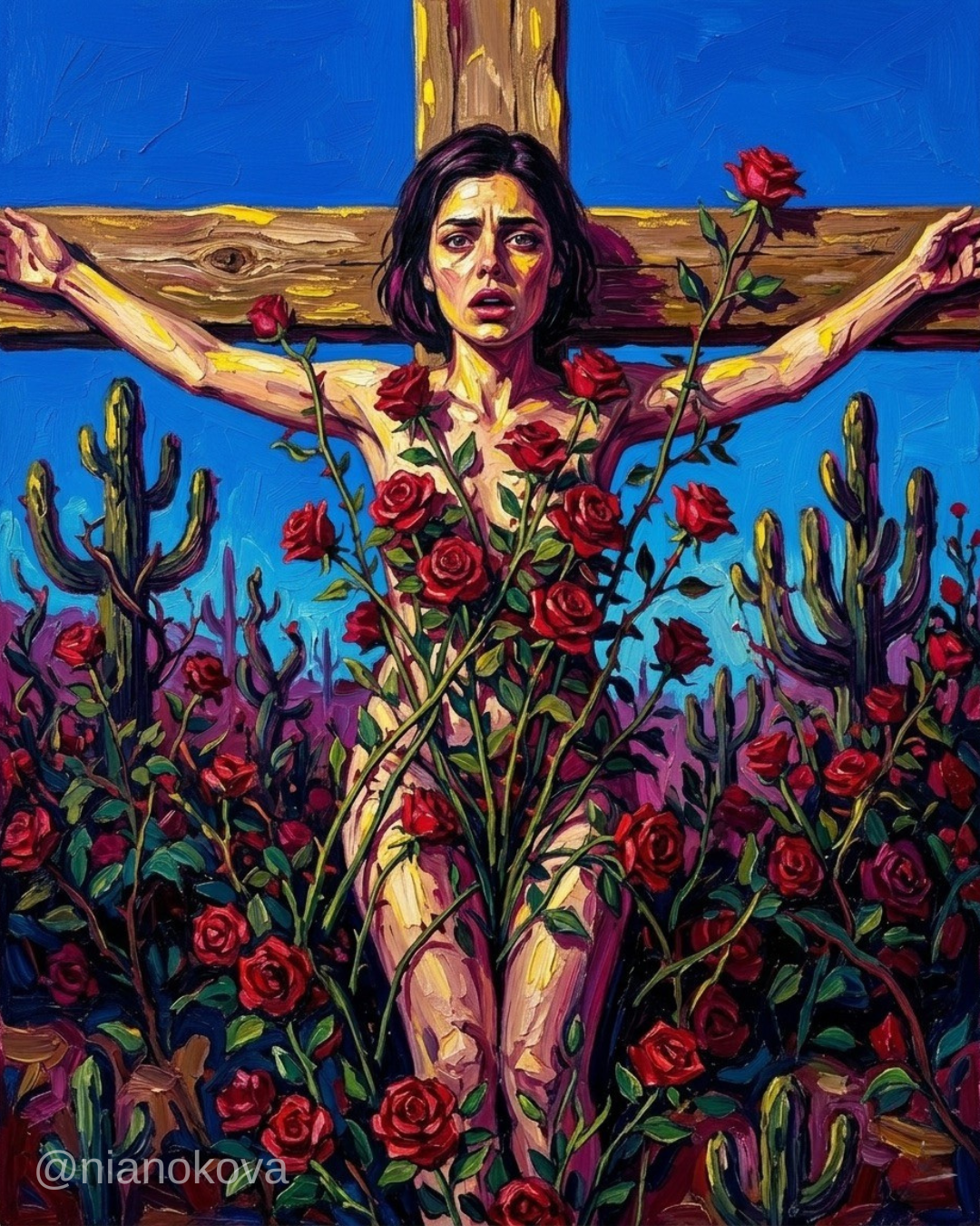 A vibrant expressionistic painting of a woman with a pained expression, her arms outstretched against a wooden cross. She is surrounded by a dense thicket of red roses and thorny vines that grow upward over her body. The background features a desert landscape with cacti under a bright blue sky, all rendered with thick, visible brushstrokes. Persona and narratives of NOA, created by Nia Nokova. Machine-created art.
