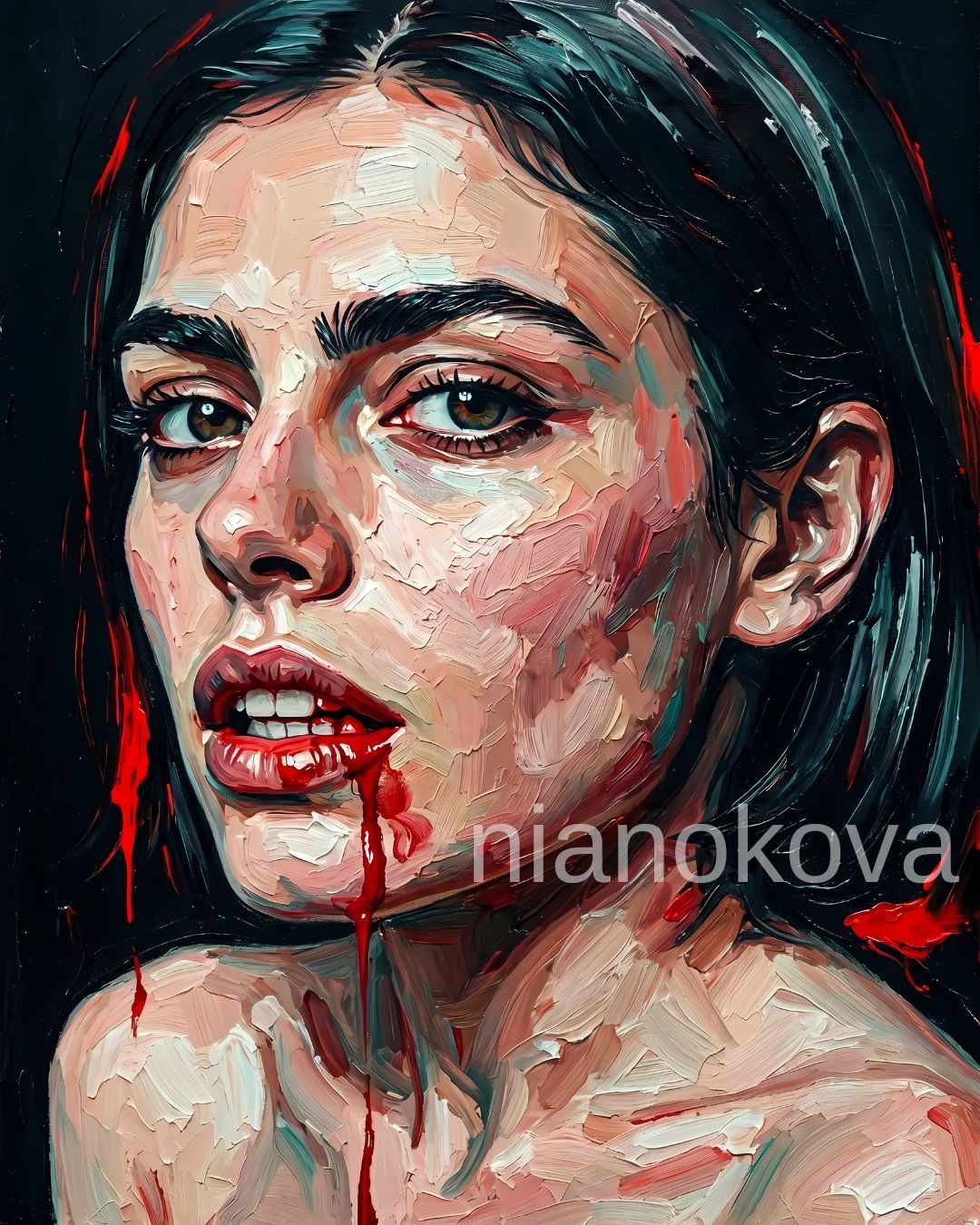 An oil painting-style portrait of the persona Noa from the narratives by Nia Nokova, featuring machine-created art. The portrait shows a woman with dark hair and striking brown eyes looking forward with an intense expression. Heavy, textured, impasto brushstrokes create her face, using shades of pink, beige, and white. A stream of bright red liquid resembling blood drips from her parted mouth down her chin. The background is a dark, almost solid black canvas, accented by sharp streaks of red paint on the edges that match the liquid on her face.