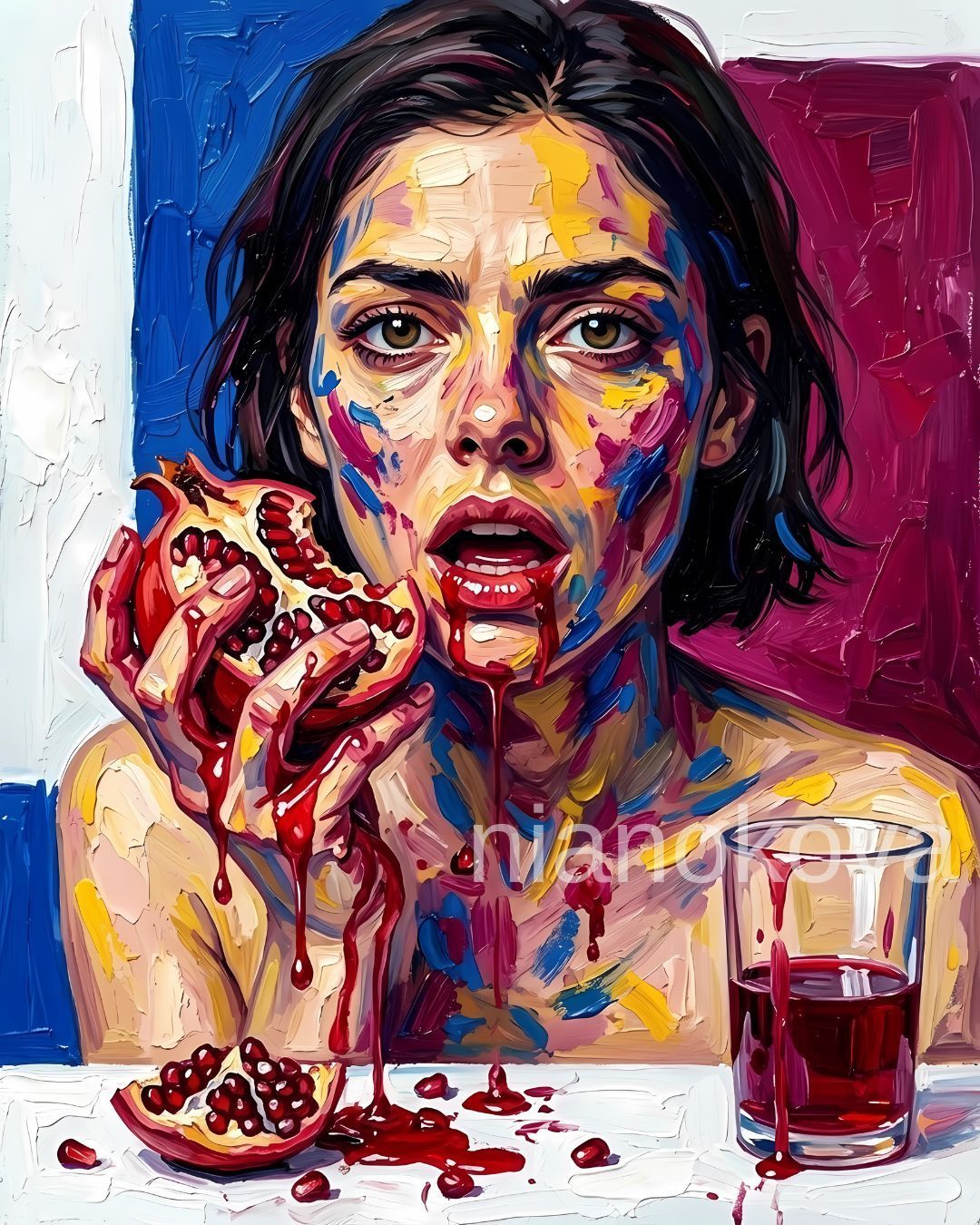 An oil painting-style portrait of the persona  NOA, from the narratives of Nia Nokova, featuring machine-created art. This vibrant and chaotic scene shows a woman with short dark hair, her face and neck covered in multicolored paint splatters. She holds an open, juice-dripping pomegranate, with red liquid staining her hands and mouth. A glass of dark red juice and loose pomegranate seeds sit on the table before her. The artwork is characterized by extremely thick, impasto brushstrokes and a bold, colorful background of blue and magenta.