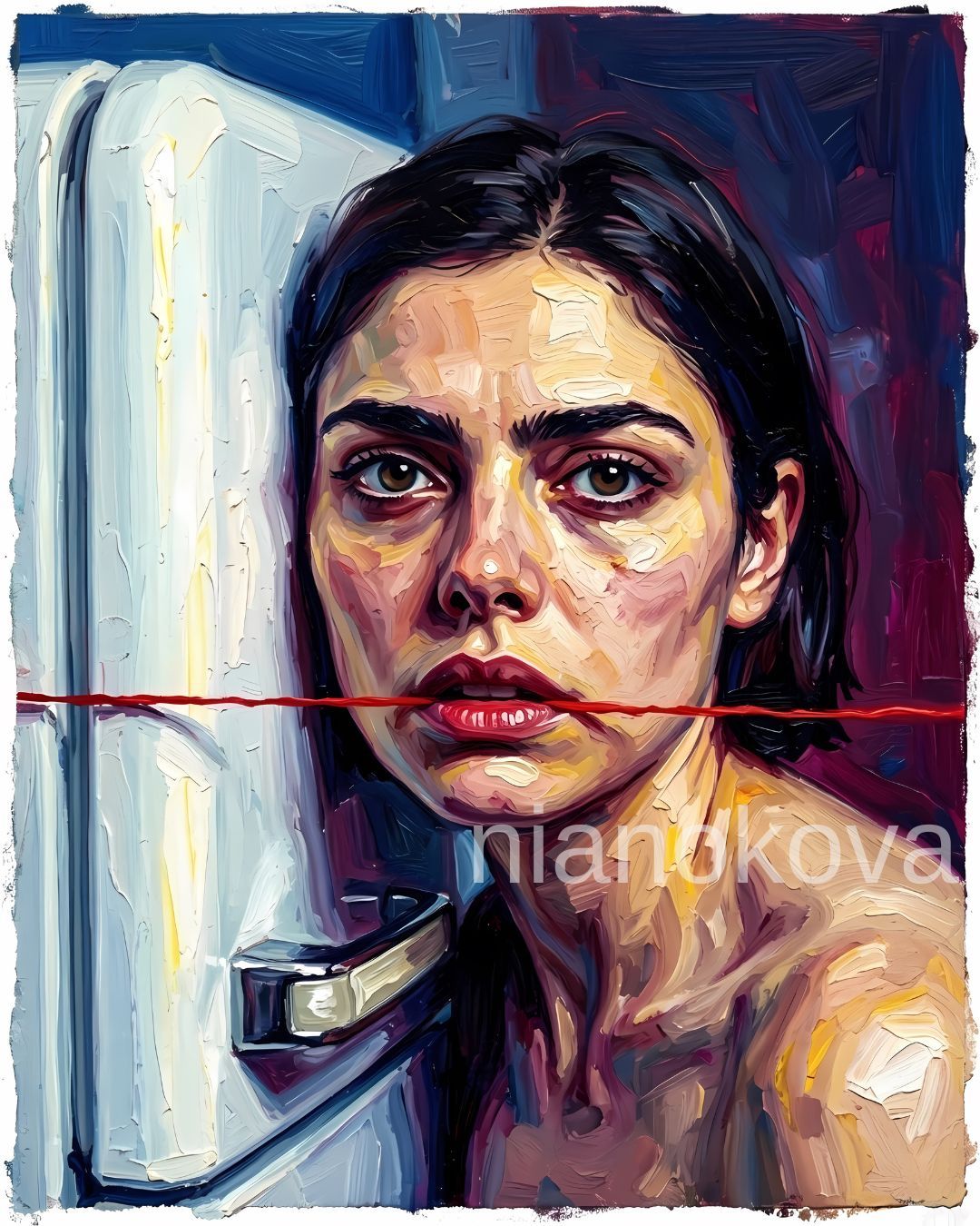 An oil painting-style portrait of the persona  NOA from the narratives by Nia Nokova, featuring machine-created art. This evocative image shows a close-up of a woman with dark hair and a weary, intense gaze, leaning against the side of a white refrigerator. A single, thin red line or thread is pulled taut across her mouth, creating a striking horizontal element. The artwork is defined by thick, textured impasto brushstrokes and a deep, moody color palette of purples, blues, and warm skin tones.