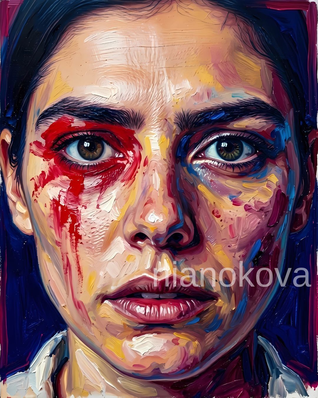 An oil painting-style close-up portrait of the persona NOA from the narratives by Nia Nokova, featuring machine-created art. The image focuses on her face, which is covered in expressive, multicolored paint splatters in shades of yellow, blue, and magenta. A prominent splash of bright red paint covers her right eye and drips down her cheek like a tear. The artwork is characterized by heavy, textured impasto brushstrokes that give the piece a visceral, physical feel against a deep purple background.
