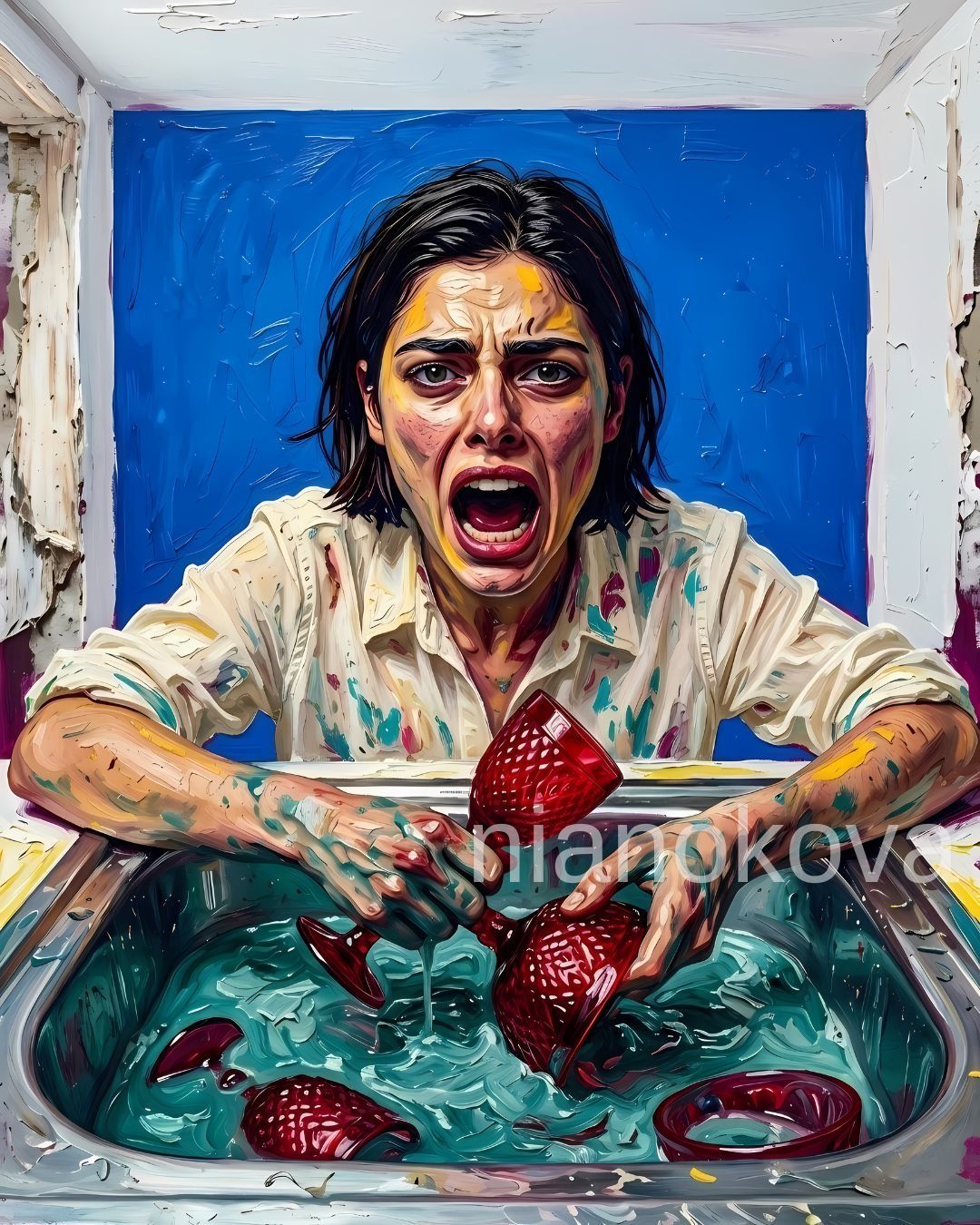 An oil painting-style image of the persona NOA from the narratives by Nia Nokova, featuring machine-created art. This visceral scene shows a woman with short dark hair and an expression of extreme distress or a scream, leaning over a sink filled with teal water. Her face, arms, and tan button-down shirt are covered in messy splatters of paint. She is aggressively washing or clutching several ornate, ruby-red glass chalices. The artwork is defined by heavy, textured impasto brushstrokes and a vibrant blue background set within a white, crumbling architectural frame.
