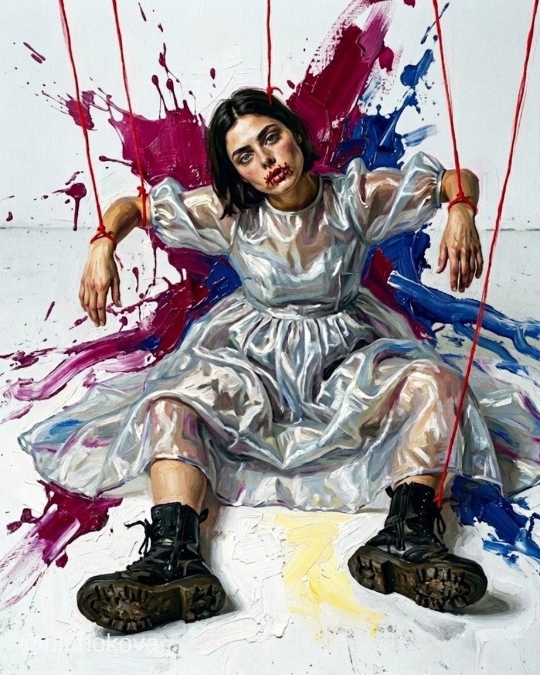 An oil painting-style image of the persona NOA from the narratives by Nia Nokova, featuring machine-created art. This striking piece depicts a woman with short dark hair and a weary expression, slumped on the ground like a marionette. Her mouth is stitched shut with red thread, and her wrists and ankles are tied to thin red strings extending upward. She wears a translucent, shimmering white dress and heavy black combat boots. The artwork is characterized by bold, textured impasto brushstrokes, with explosive splatters of magenta and blue paint on the white background behind her.