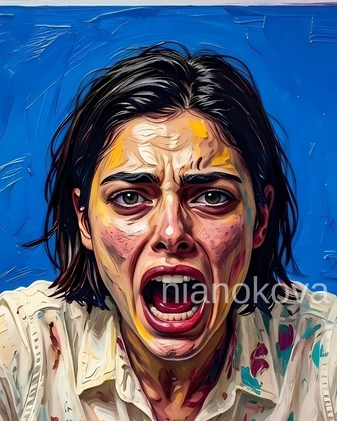 An oil painting-style image of the persona NOA from the narratives by Nia Nokova, featuring machine-created art. This visceral scene shows a woman with short dark hair and an expression of extreme distress or a scream.