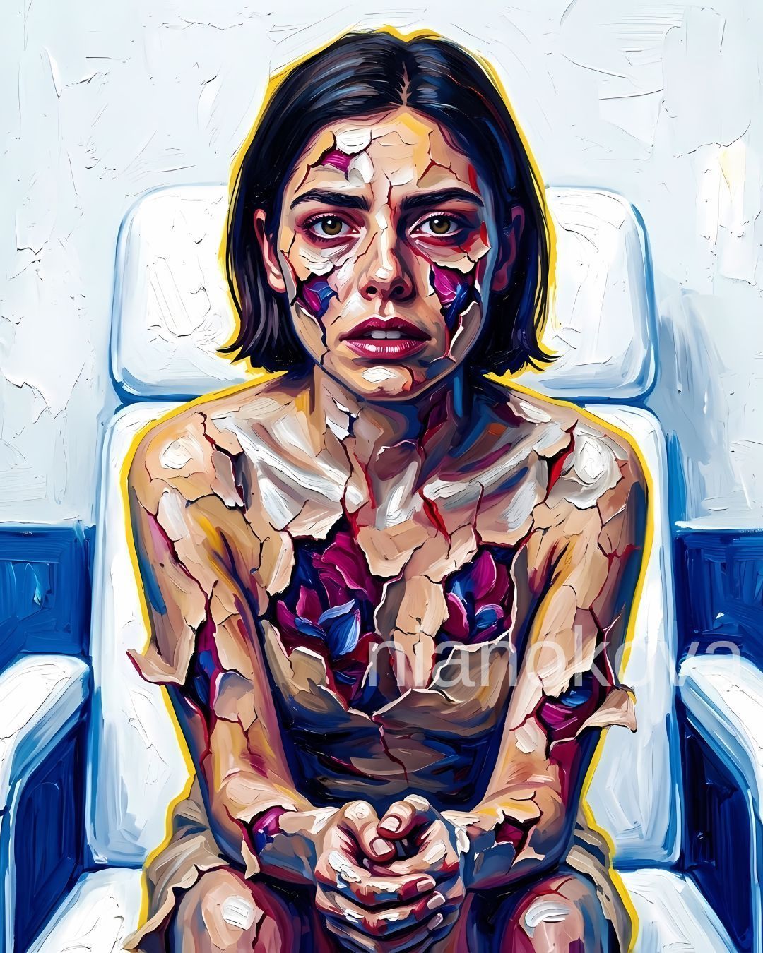 An oil painting-style image of the persona NOA from the narratives by Nia Nokova, featuring machine-created art. This surreal and striking scene depicts a woman with short dark hair sitting in a white chair, her skin appearing to crack and peel away like dry clay. Beneath the cracked surface, vibrant shades of magenta and deep blue are revealed. The artwork is defined by thick, impasto brushstrokes and a bright yellow glow outlining her figure against a clean, white and blue background.
