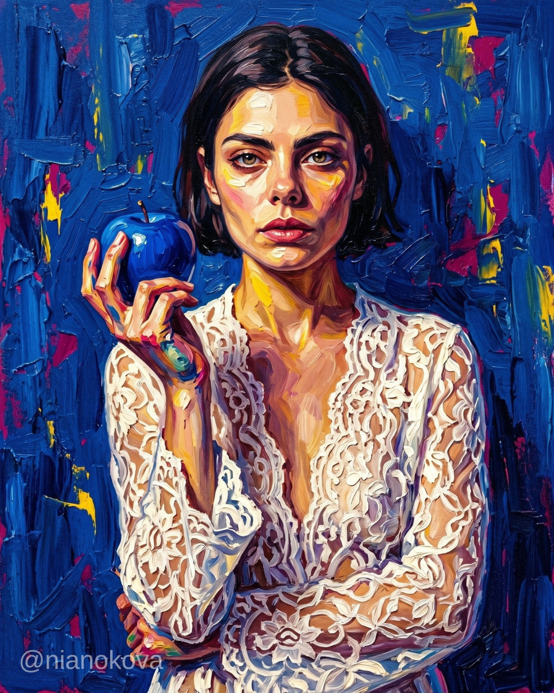 An oil painting-style portrait of the persona NOA from the narratives by Nia Nokova, featuring machine-created art. The image depicts a woman with short dark hair and a direct, piercing gaze, wearing an intricate white lace garment. She holds a vibrant, glossy blue apple in her right hand, which stands out sharply against the deep blue and magenta textured background. The artwork is characterized by bold, thick impasto brushstrokes and dramatic lighting that highlights the warm yellow and pink tones in her skin.