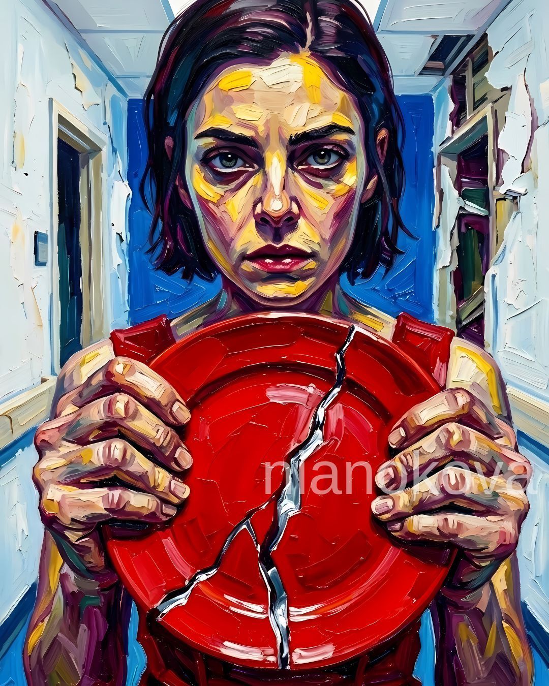 An oil painting-style portrait of the persona NOA from the narratives of Nia Nokova, featuring machine-created art. The image depicts a woman with short dark hair and a somber expression, holding a large, bright red plate that is cracked down the center. She stands in a narrow, blue-walled hallway where the paint on the walls is visibly peeling. The artwork is characterized by bold, impasto brushstrokes and a vibrant color palette, with yellow and purple tones highlighting her face and hands.
