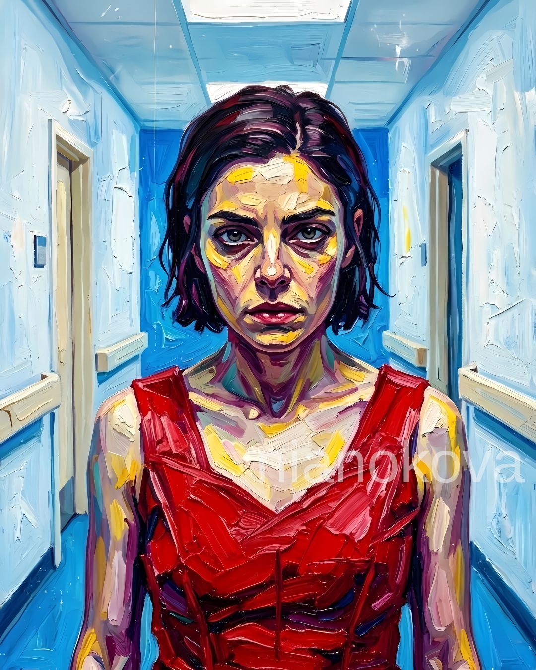 An oil painting-style portrait of the persona NOA from the narratives by Nia Nokova, featuring machine-created art. This piece shows the woman with short dark hair and a weary, intense gaze, standing in the center of a brightly lit, blue-walled hallway with peeling paint. She wears a vibrant red sleeveless top, which stands out against the cool tones of the environment. The artwork is defined by thick, expressive impasto brushstrokes, with bold yellow and purple highlights across her face and neck that create a sense of dramatic lighting.