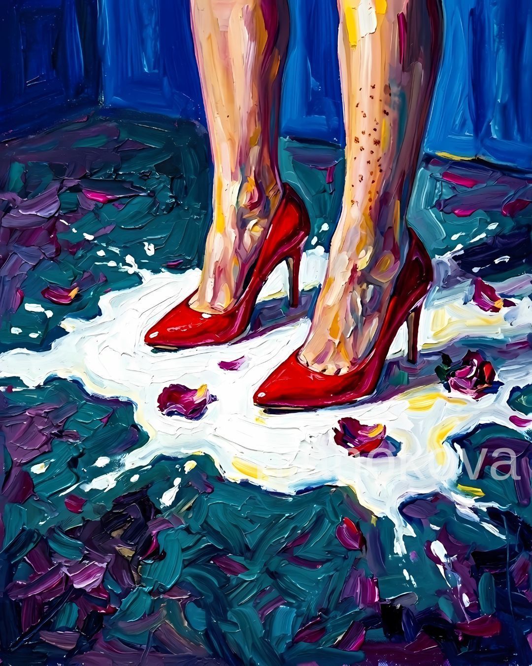 An oil painting-style image from the narratives of Nia Nokova, featuring the persona  NOA through machine-created art. This expressive piece focuses on a pair of legs wearing vibrant red high-heeled pumps, standing in a large splash of thick white liquid, possibly milk or paint, on a dark, textured floor. Scattered around the splash are deep red rose petals. The artwork is characterized by bold, impasto brushstrokes and a rich color palette of teals, purples, and blues, creating a high-contrast and surreal atmosphere.

