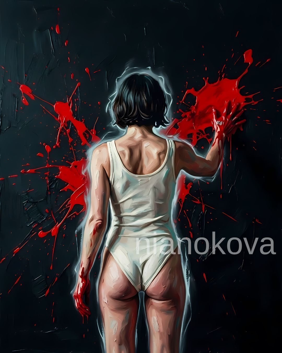 A painting from a rear view of a woman with short dark hair, wearing a white sleeveless bodysuit, standing against a black background. Her right hand is raised against the wall, covered in bright red paint that splatters around her hand and across the dark surface. Her left arm hangs by her side, also stained with the same red paint. The artwork is characterized by thick, visible brushstrokes and a glowing white outline around her figure, creating a high-contrast, dramatic effect.
Persona and narratives of NOA, created by Nia Nokova. Machine-created art.
