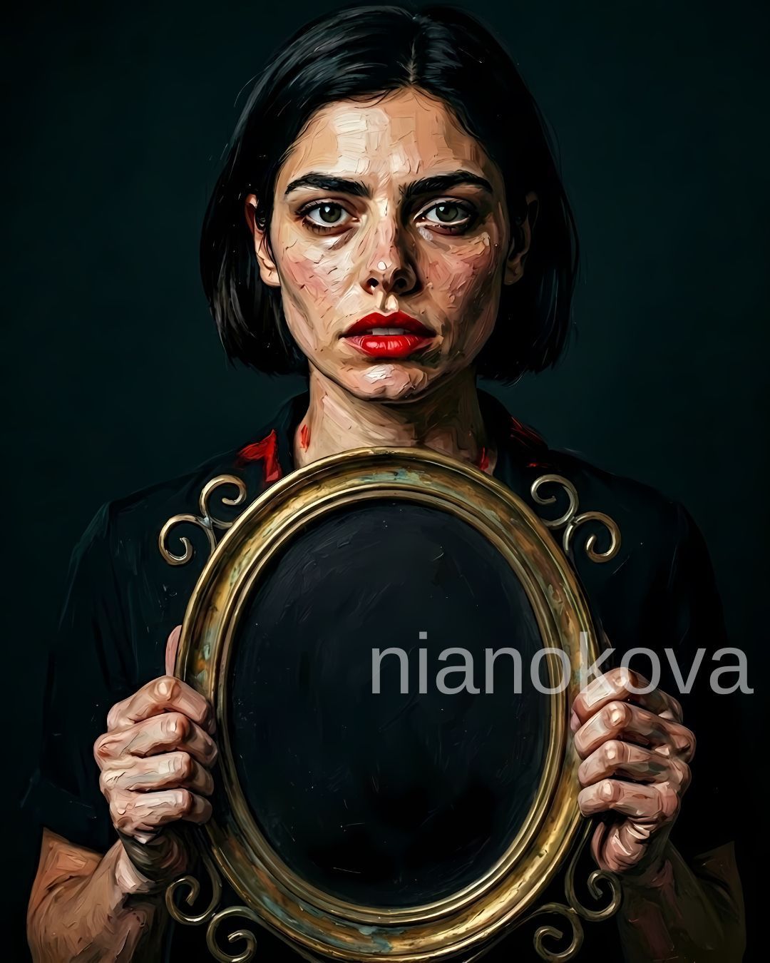 An oil painting-style portrait of the persona Noa from the narratives by Nia Nokova, featuring machine-created art. The portrait displays a woman with short dark hair, prominent eyes, and bold red lipstick looking directly at the viewer with an intense expression. Her face is rendered with thick, textured brushstrokes. She is wearing a black collared top and holding a large, ornate golden oval mirror frame directly in front of her chest. Instead of a reflection, the inside of the frame is entirely black. The background is a solid, dark, moody color, and the text 