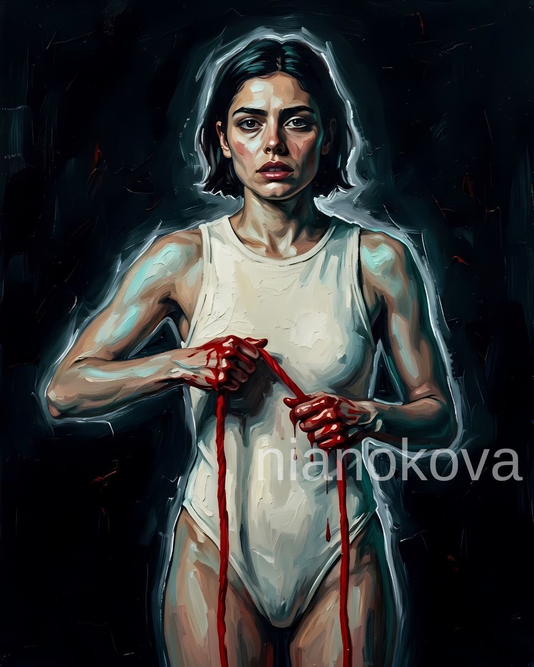 An oil painting-style portrait of NOA, a persona from the narratives of Nia Nokova, created using machine-created art. The image depicts a woman with short dark hair and an intense expression, wearing a white sleeveless bodysuit against a dark, textured background. She holds a long, thick red cord or strand in her blood-stained hands, with red liquid dripping down. The piece features heavy, expressive brushstrokes and a faint, ethereal white glow outlining her figure.

