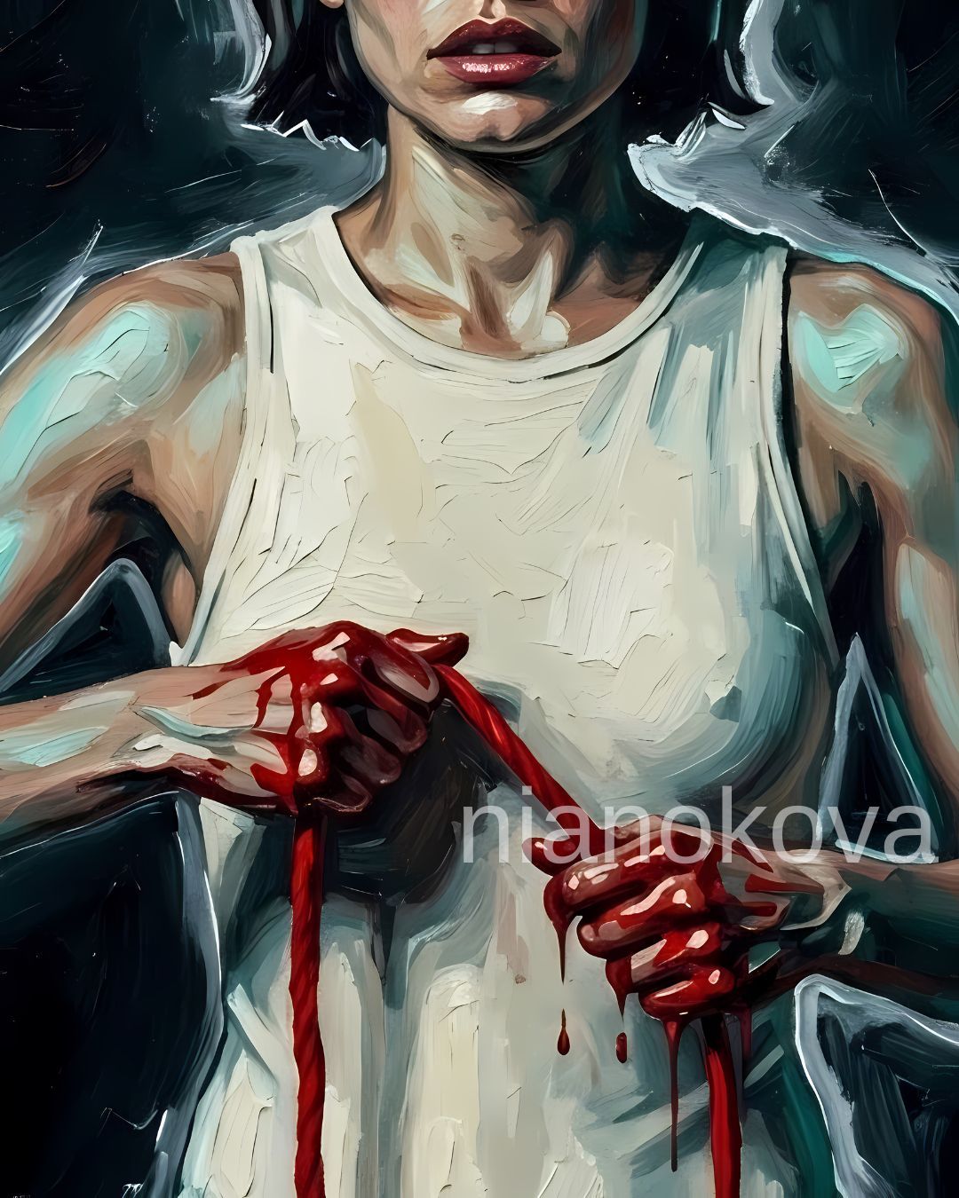 A painting from a rear view of a woman with short dark hair, wearing a white sleeveless bodysuit, standing against a black background. Her right hand is raised against the wall, covered in bright red paint that splatters around her hand and across the dark surface. Her left arm hangs by her side, also stained with the same red paint. The artwork is characterized by thick, visible brushstrokes and a glowing white outline around her figure, creating a high-contrast, dramatic effect.
Persona and narratives of NOA, created by Nia Nokova. Machine-created art.
