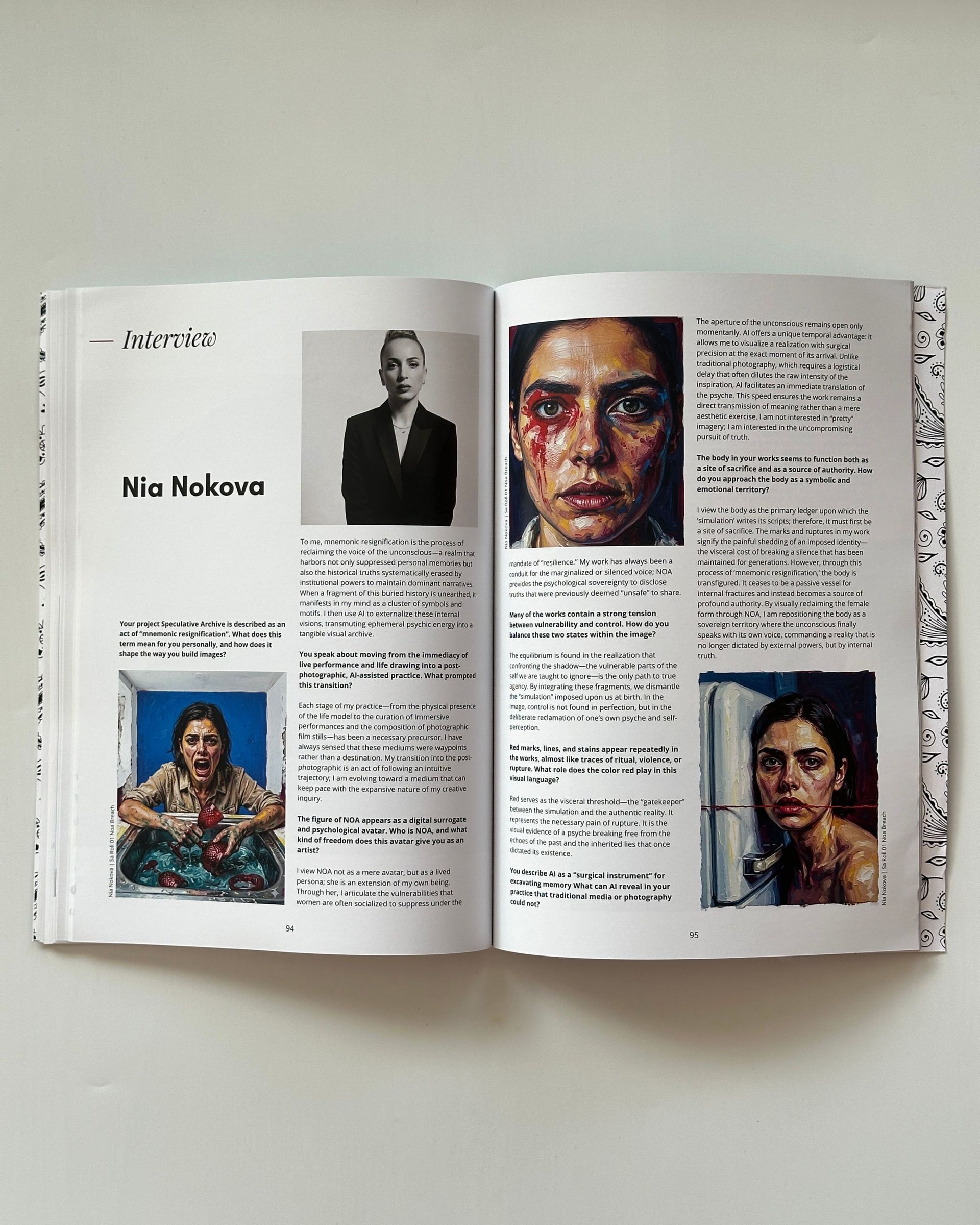 An open magazine spread features an interview with artist Nia Nokova across pages 94 and 95 of 