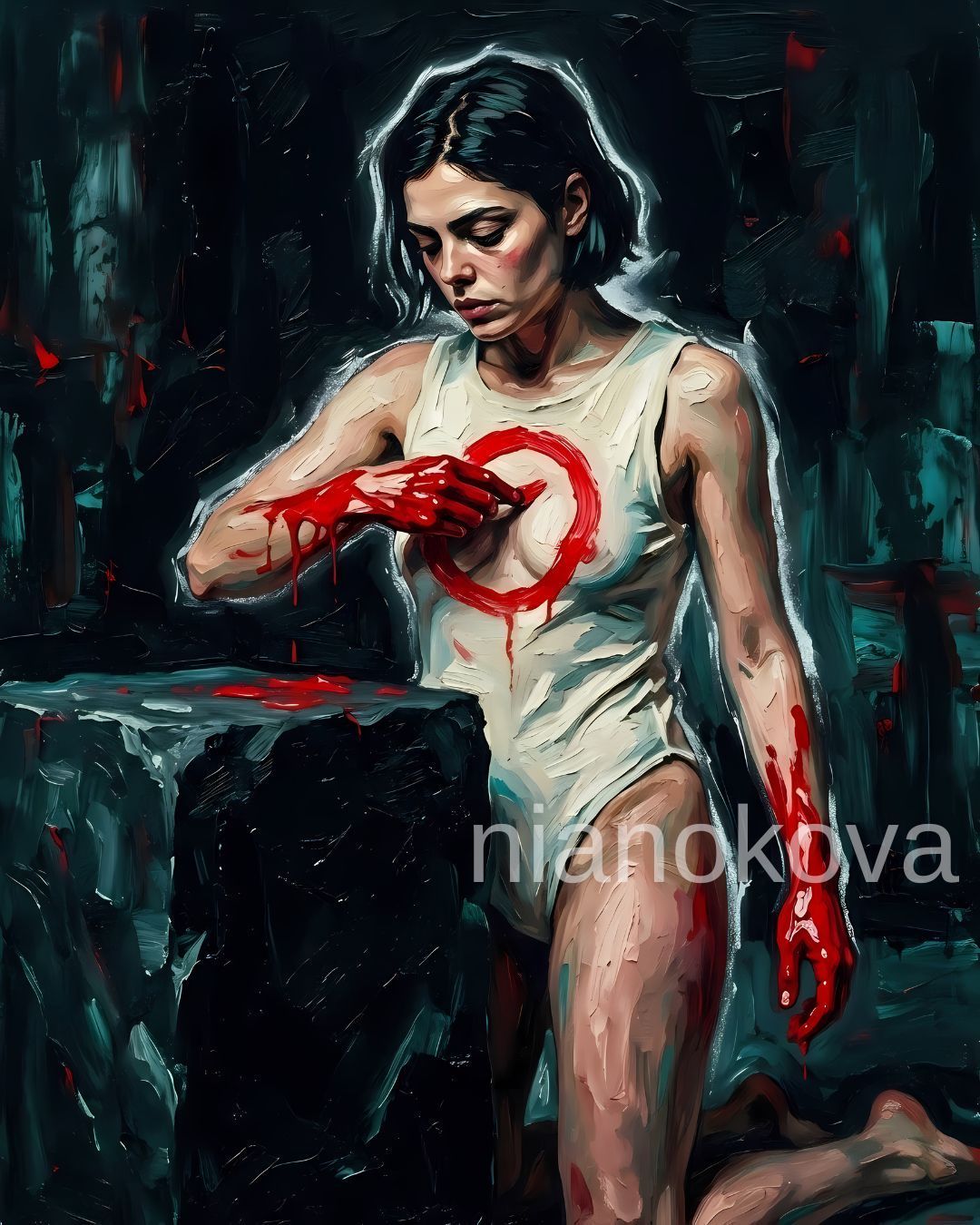 An oil painting-style image of the persona NOA from the narratives of Nia Nokova, featuring machine-created art. The scene shows a woman with short dark hair, wearing a white bodysuit, kneeling beside a large, dark, textured block. Her hands are covered in bright red paint, which she is using to draw a red circle over her heart. The artwork is defined by heavy, textured brushstrokes, a dark moody background with hints of teal, and a signature ethereal white glow outlining her form.
